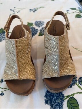 Corkys Gold Woven Peep-Toe Wedge Sandals